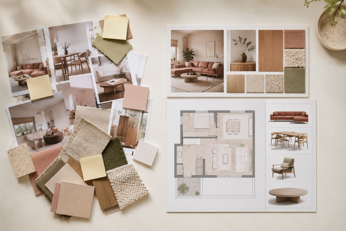 Moodboard, materiaalstalen en plattegrond als basis voor een samenhangend interieurplan